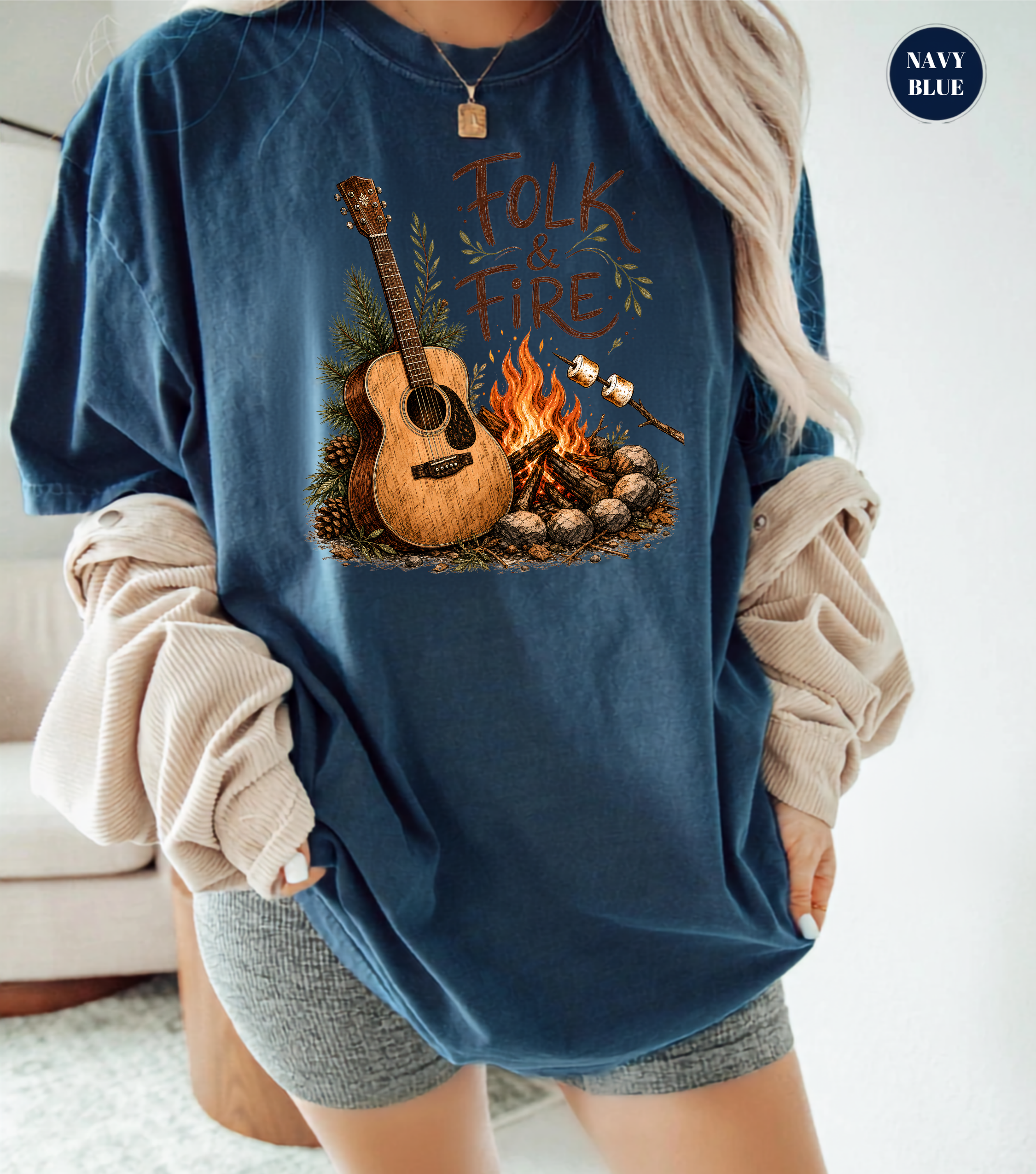 Folk & Fire Guitar T-Shirt | Campfire Acoustic Guitar Graphic Tee for Folk Music Lovers & Campers