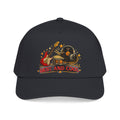 A black baseball cap featuring a retro-style graphic on the front with a red electric guitar, a vinyl record, a drum set, stars, and the text 'BEST AND COOL' in red and yellow.