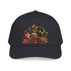 A black baseball cap featuring a retro-style graphic on the front with a red electric guitar, a vinyl record, a drum set, stars, and the text 'BEST AND COOL' in red and yellow.