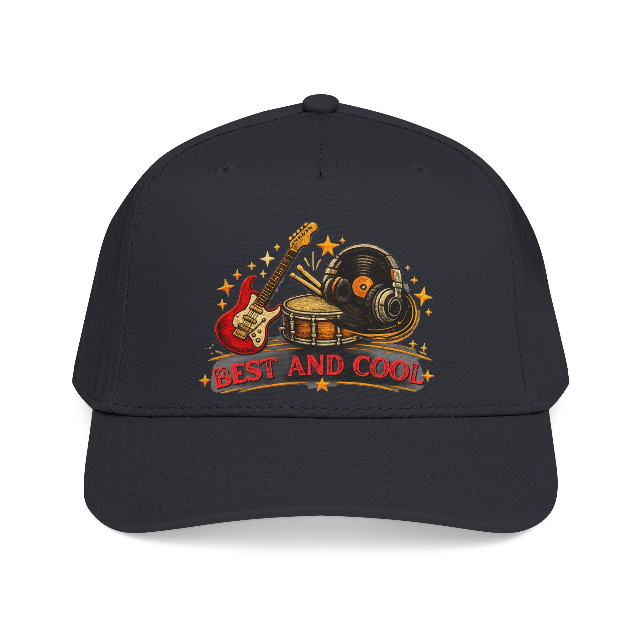 A black baseball cap featuring a retro-style graphic on the front with a red electric guitar, a vinyl record, a drum set, stars, and the text 'BEST AND COOL' in red and yellow.