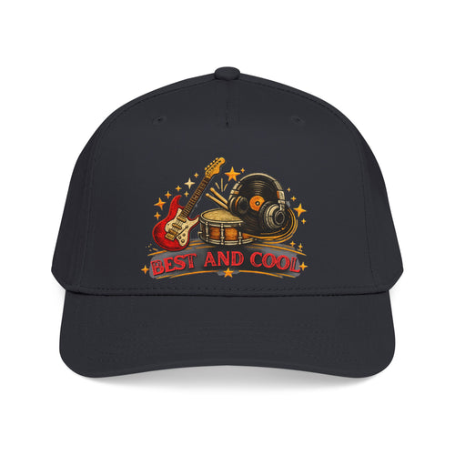 A black baseball cap featuring a retro-style graphic on the front with a red electric guitar, a vinyl record, a drum set, stars, and the text 'BEST AND COOL' in red and yellow.