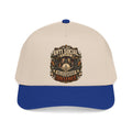 A structured baseball cap with a cream-colored crown and a royal blue visor, featuring a detailed graphic on the front that reads 'I'M NOT ANTI SOCIAL I'M JUST DRY' in a vintage, ornate font.