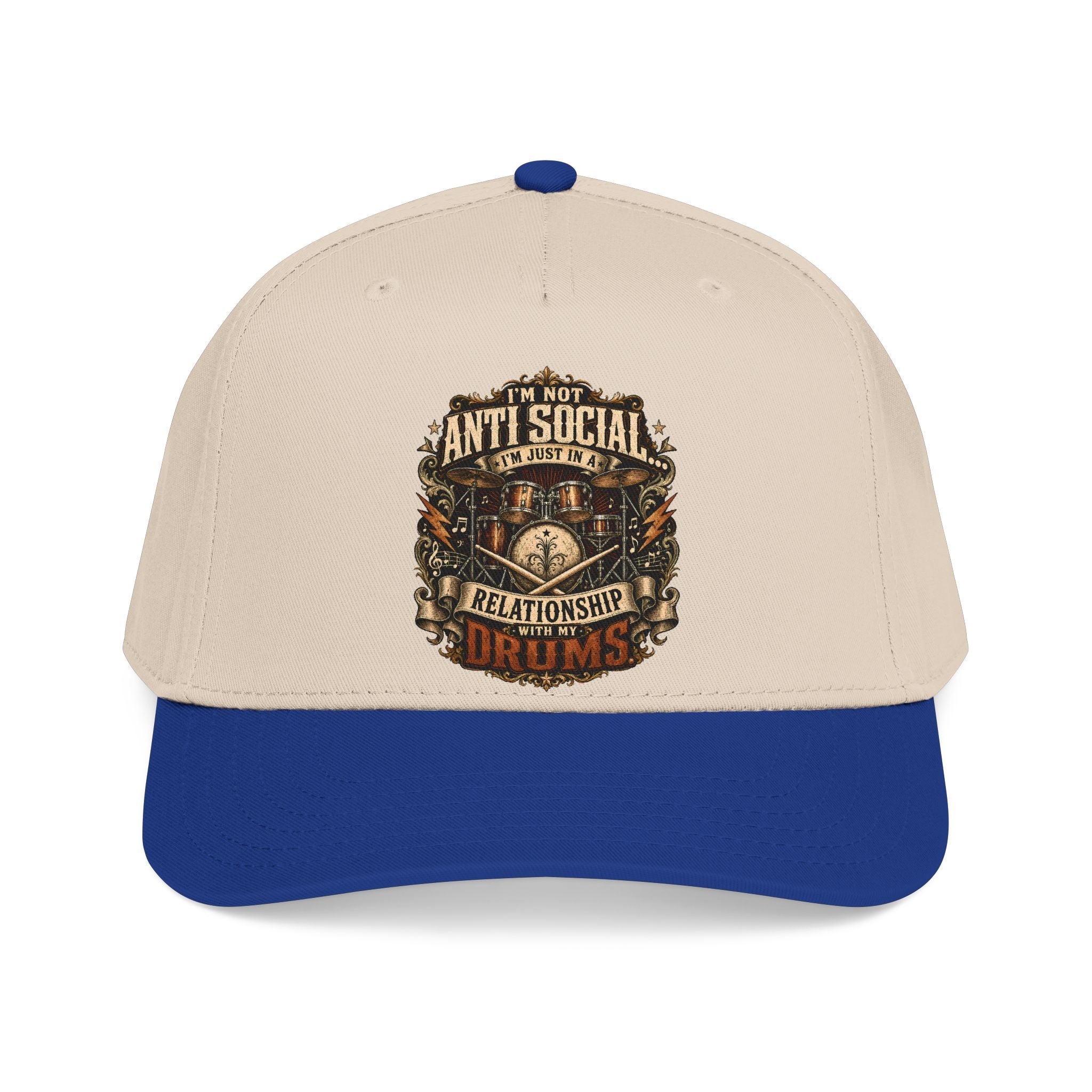 A structured baseball cap with a cream-colored crown and a royal blue visor, featuring a detailed graphic on the front that reads 'I'M NOT ANTI SOCIAL I'M JUST DRY' in a vintage, ornate font.