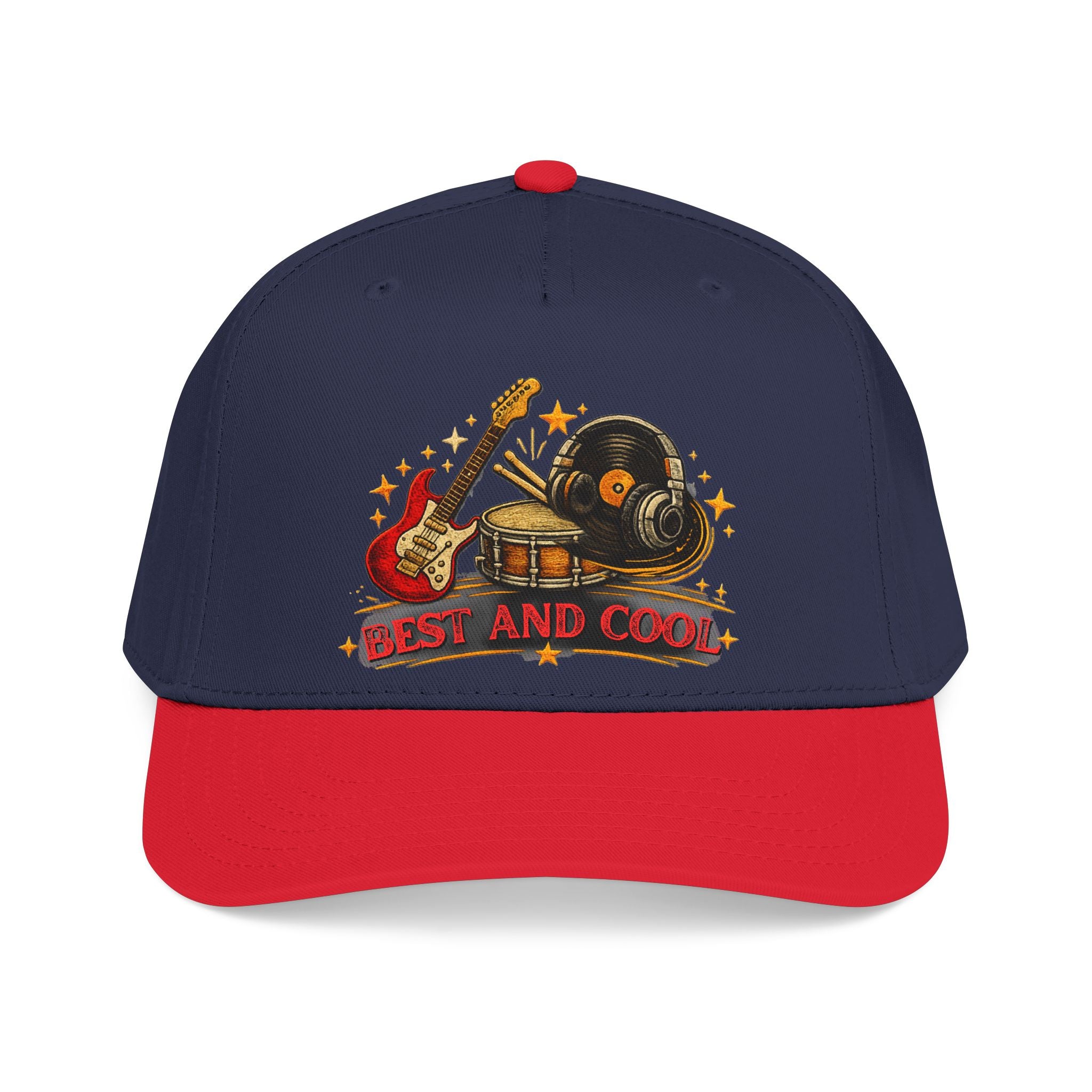 A navy blue and red baseball cap featuring a graphic on the front with a red electric guitar, a vinyl record, a drum set, stars, and the text 'BEST AND COOL'.