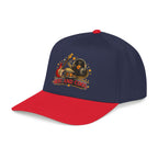 A navy blue and red baseball cap with a graphic on the front featuring a vinyl record, guitar, and the text 'BEST AND COOL'.
