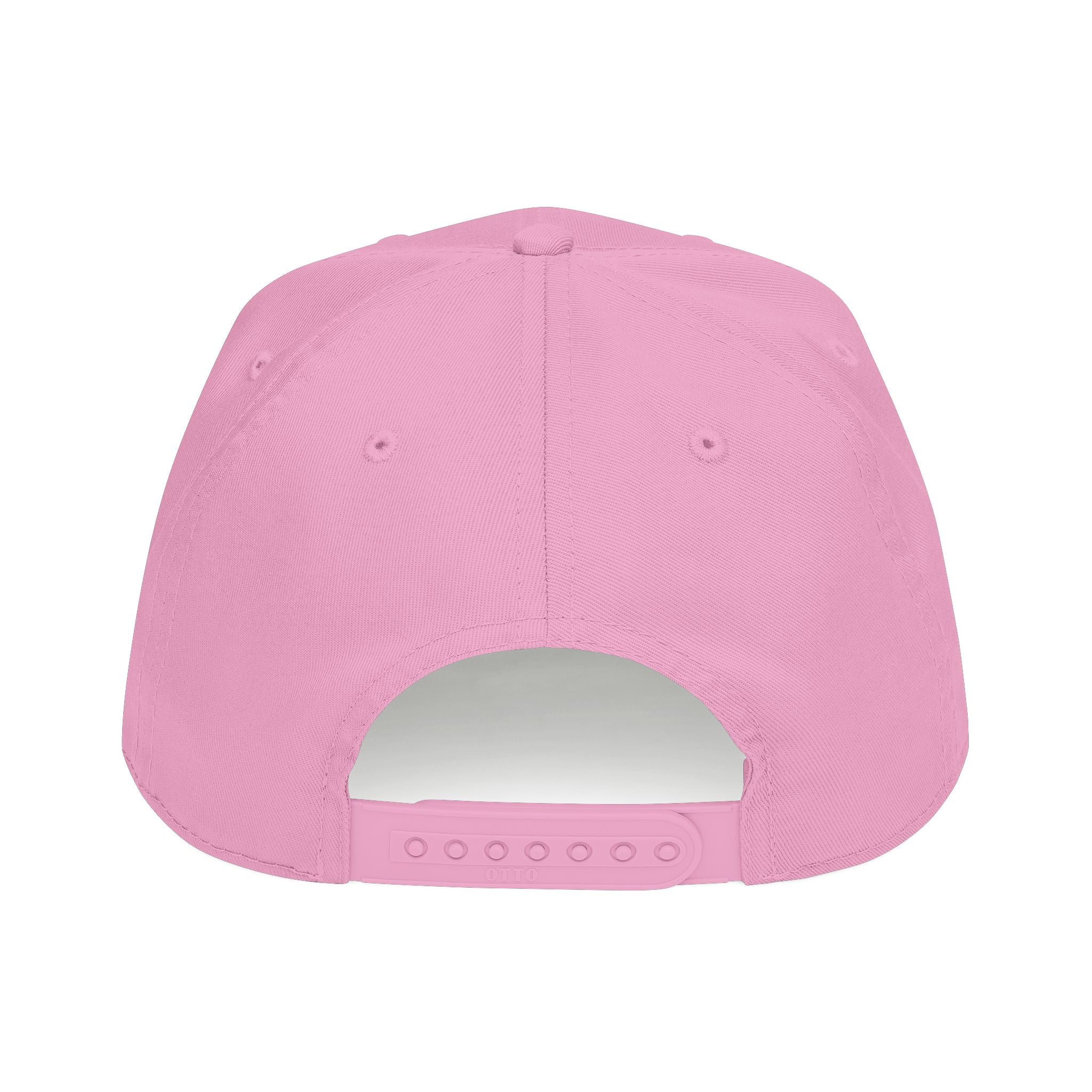 The back view of a pink snapback cap on a solid white background.