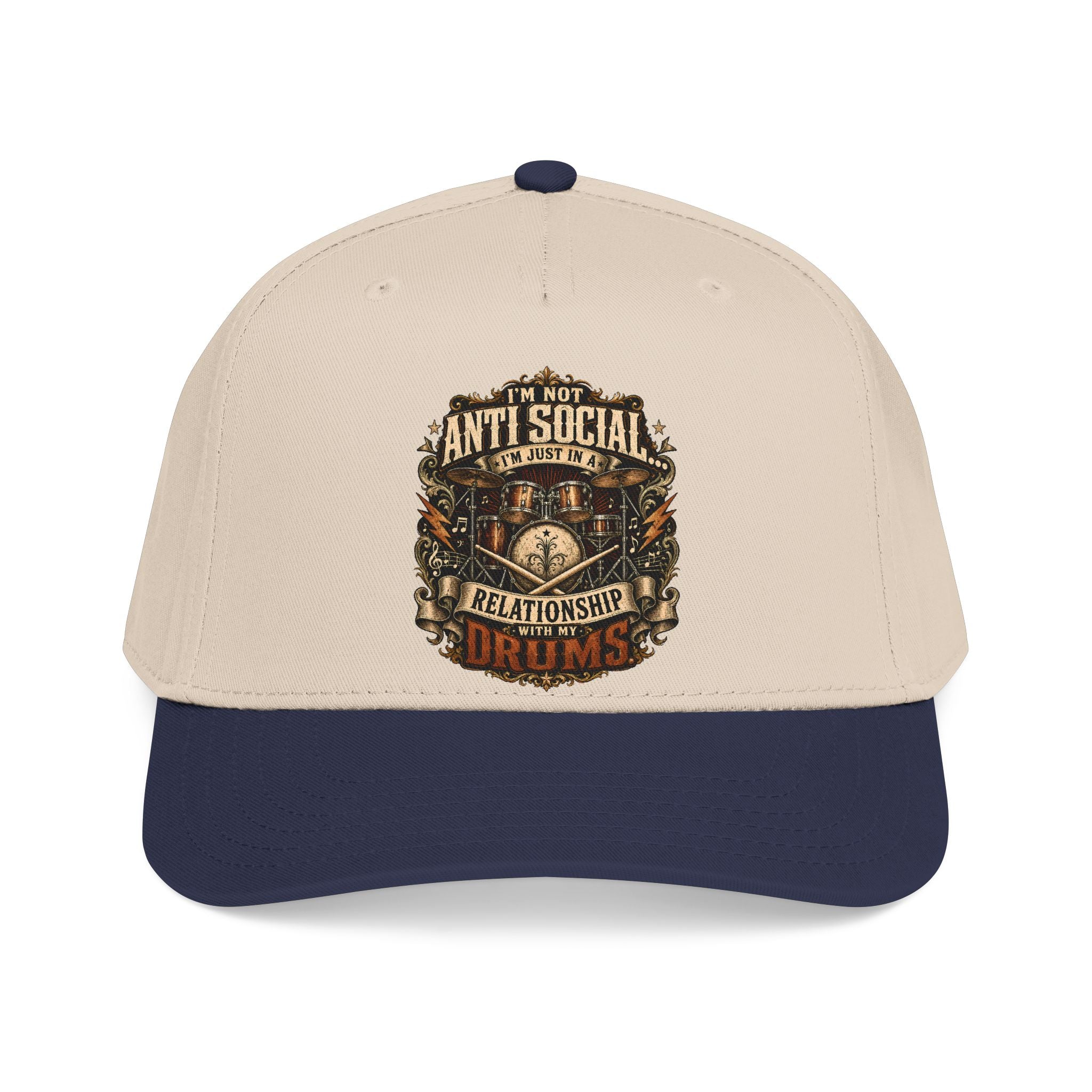A structured baseball cap with a cream-colored crown and a dark forest green visor, featuring a detailed graphic on the front that reads 'I'M NOT ANTI SOCIAL I'M JUST DRY' in a vintage ornate font.