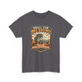A dark gray crewneck t-shirt featuring a retro-style graphic print of a vintage microcar with the text 'SMALL CAR BIG SOUND' and 'MICRO CAR MUSIC CLUB'.