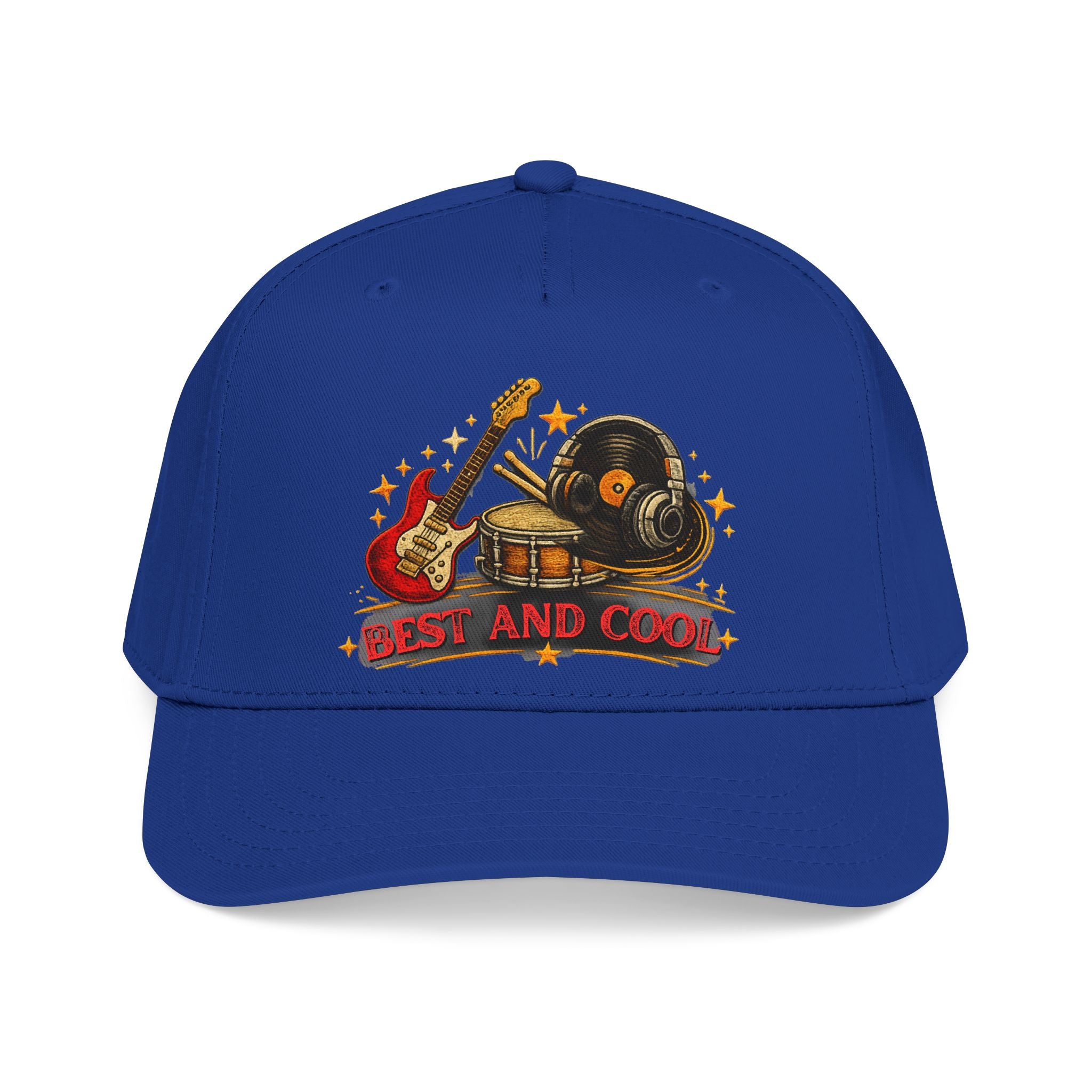 A royal blue baseball cap featuring a retro-style graphic on the front with an electric guitar, drum set, vinyl record, stars, and the text 'BEST AND COOL' in red and gold.