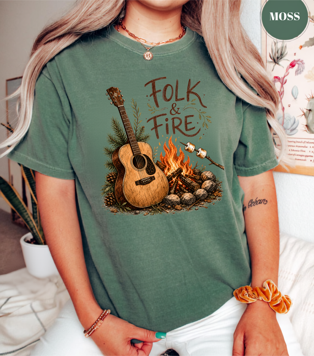 Folk & Fire Guitar T-Shirt | Campfire Acoustic Guitar Graphic Tee for Folk Music Lovers & Campers