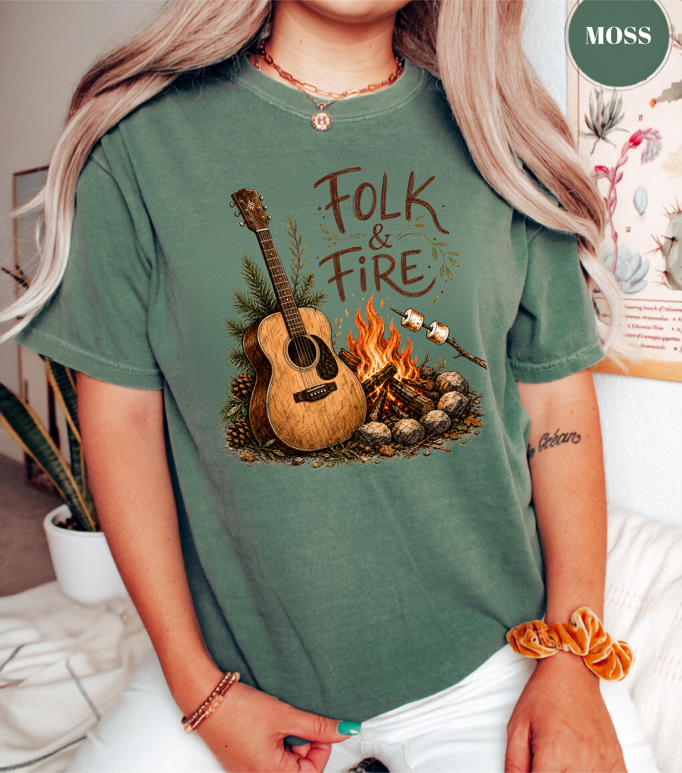 Folk & Fire Guitar T-Shirt | Campfire Acoustic Guitar Graphic Tee for Folk Music Lovers & Campers