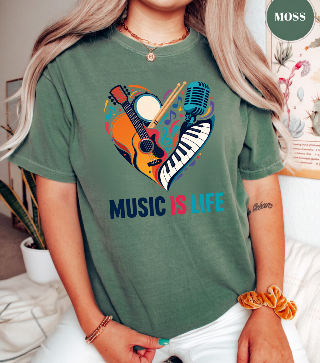 Music Is Life T-Shirt | Colorful Music Lover Graphic Tee with Guitar, Piano & Microphone