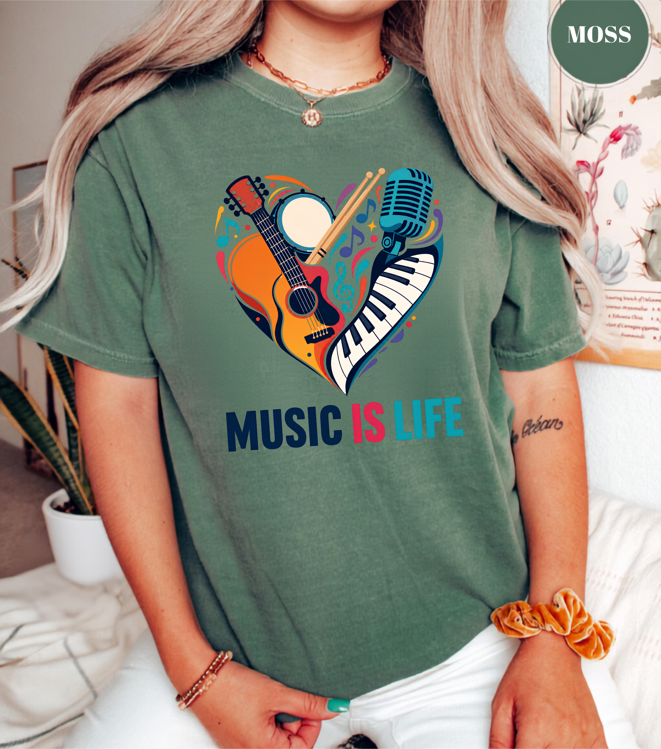 Music Is Life T-Shirt | Colorful Music Lover Graphic Tee with Guitar, Piano & Microphone