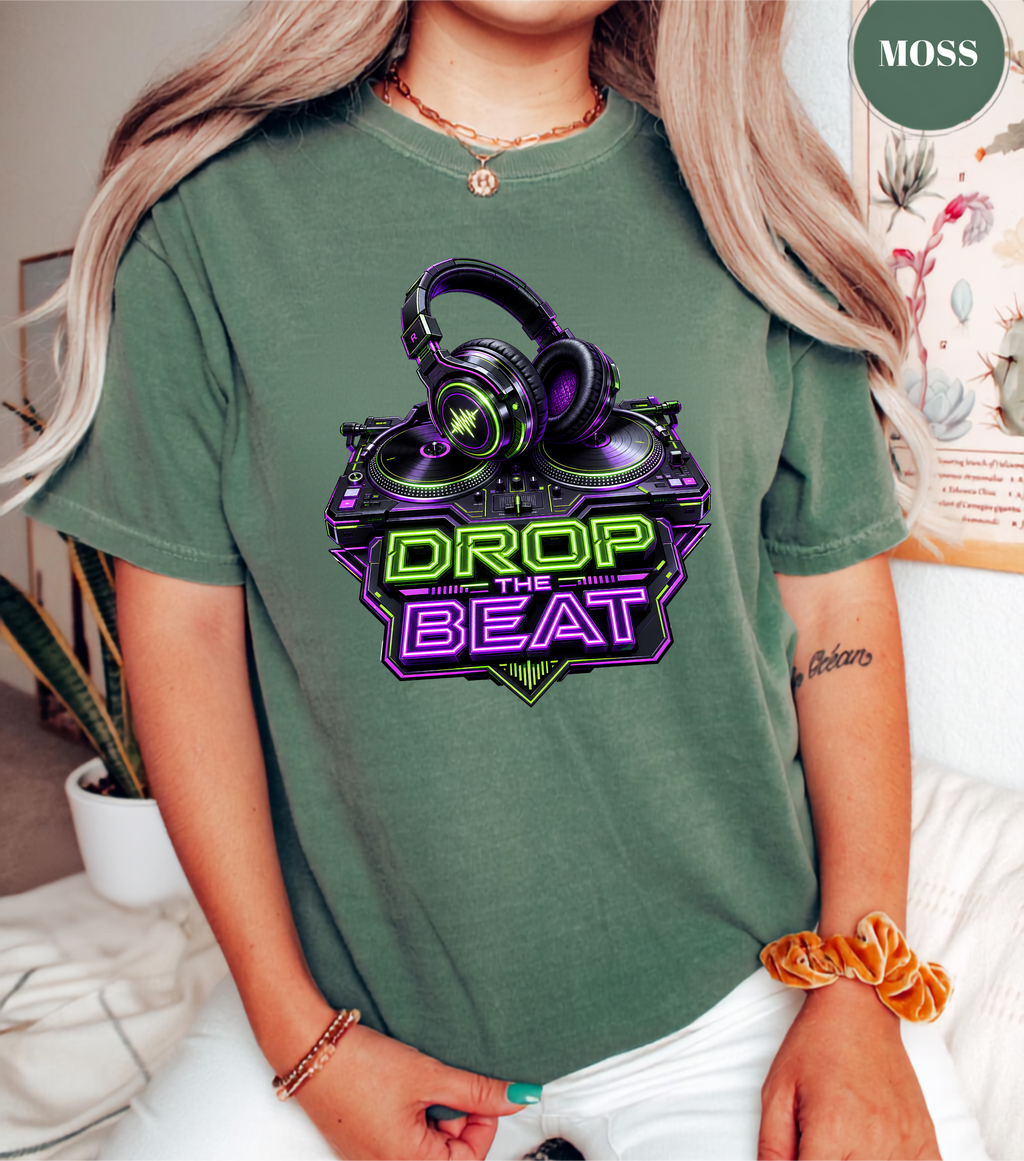 Drop the Beat DJ T-Shirt | Neon DJ Headphones & Turntable Graphic Tee for DJs, EDM & Electronic Music Lovers