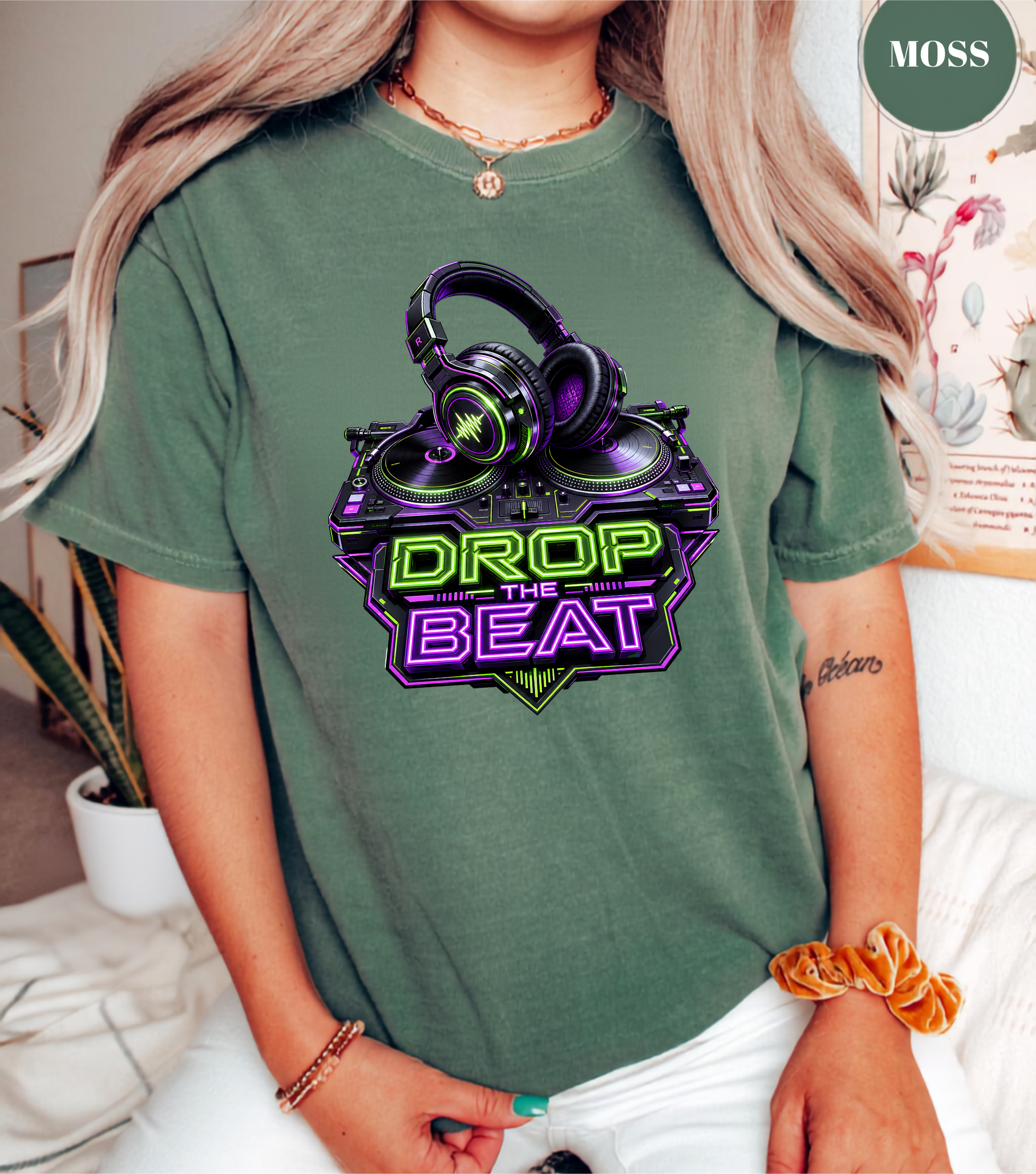 Drop the Beat DJ T-Shirt | Neon DJ Headphones & Turntable Graphic Tee for DJs, EDM & Electronic Music Lovers
