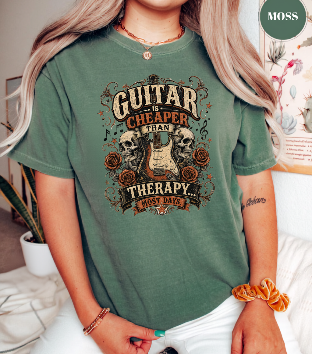 Guitar Is Cheaper Than Therapy Shirt | Funny Guitar Player T-Shirt | Vintage Guitar Tee | Rock Music Shirt | Guitarist Gift | Musician Graphic Tee