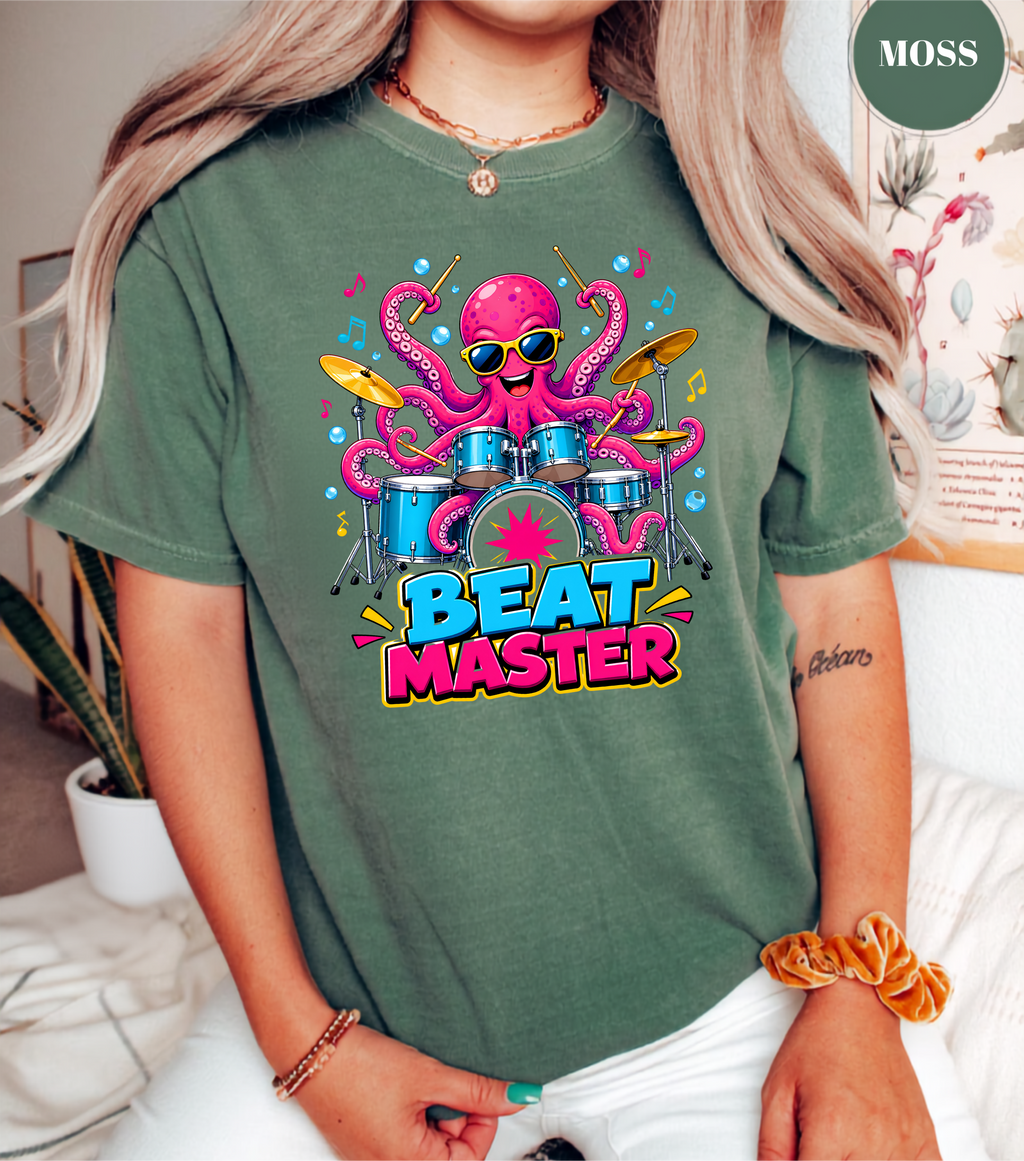 Beat Master Drummer Octopus T-Shirt | Funny Drum Player Tee | Drummer Graphic Shirt | Music Lover Gift | Cute Octopus Drum Set Tee | Unisex Music Apparel