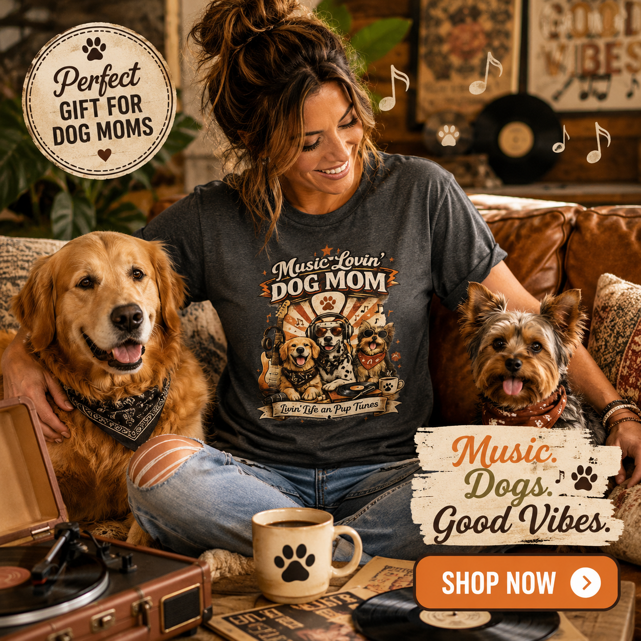 A woman wearing a dark gray graphic t-shirt with a 'Music Loven' Dog Mom' design, sitting on a couch with two dogs and a record player in a cozy living room setting.