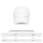 White baseball cap on a white background with size chart below.