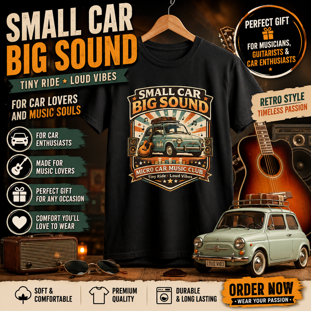 Small Car Big Sound T-Shirt, Retro Car Music Tee, Music Lover Gift, Guitar Player and Car Enthusiast Gift