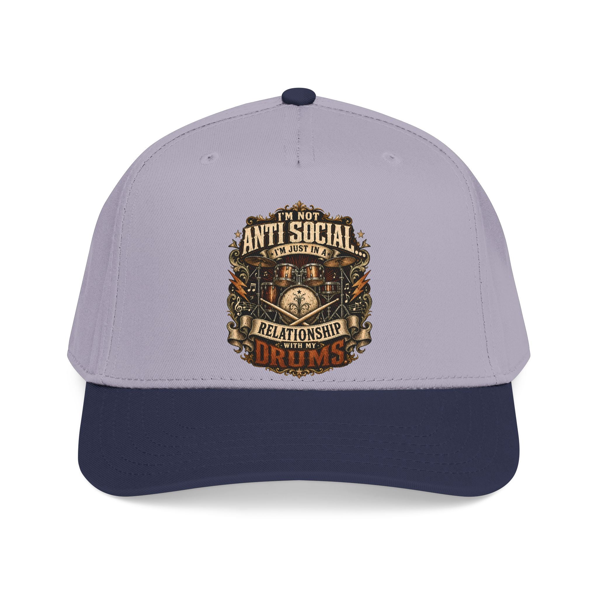 A structured baseball cap with a light lavender-purple crown and a dark navy blue visor. The front of the cap features a detailed graphic print with the text 'I'M NOT ANTI SOCIAL I'M JUST DRY' and 'RELATIONSHIP READY' in a vintage, ornate font.