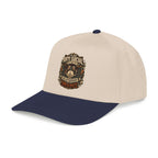 Beige and green cap with a logo on a white background