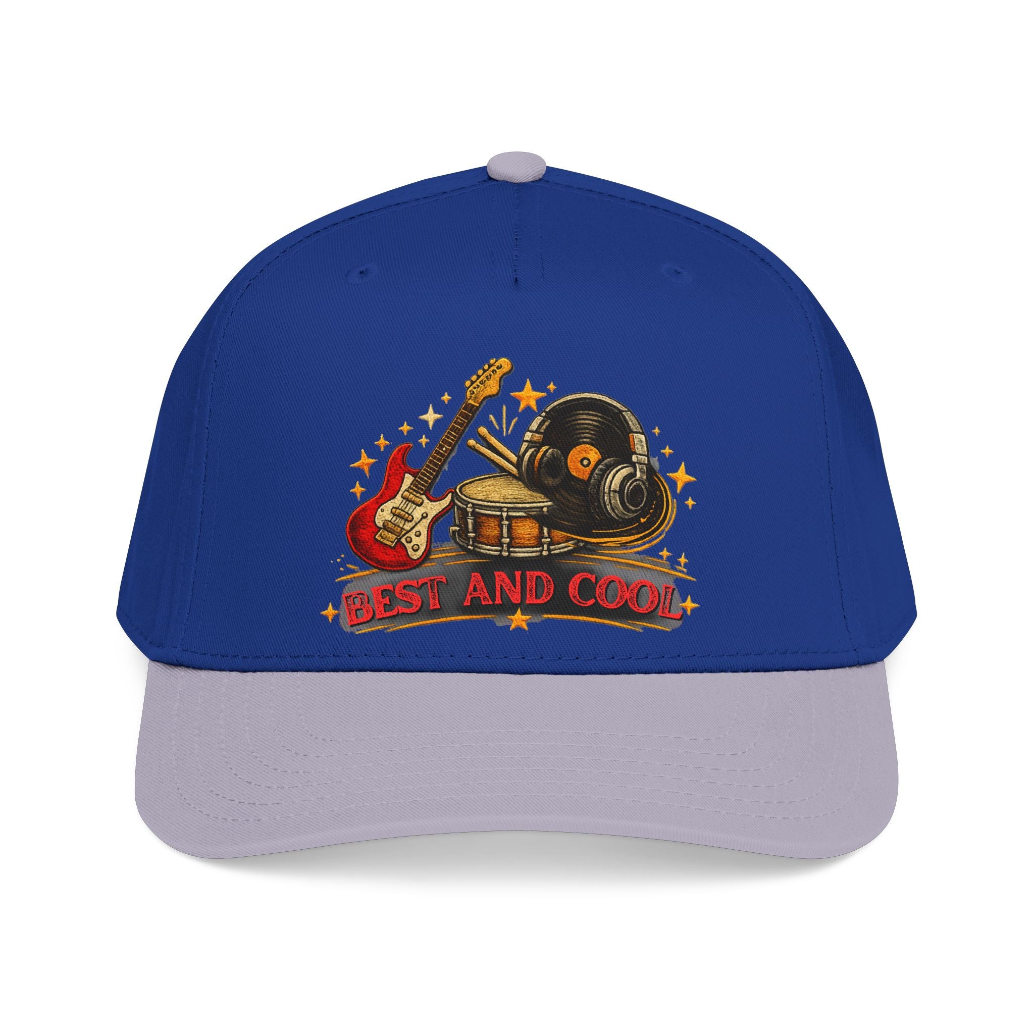 A blue and light gray baseball cap featuring a retro music-themed graphic on the front with an electric guitar, vinyl record, drum, and the text 'BEST AND COOL'.