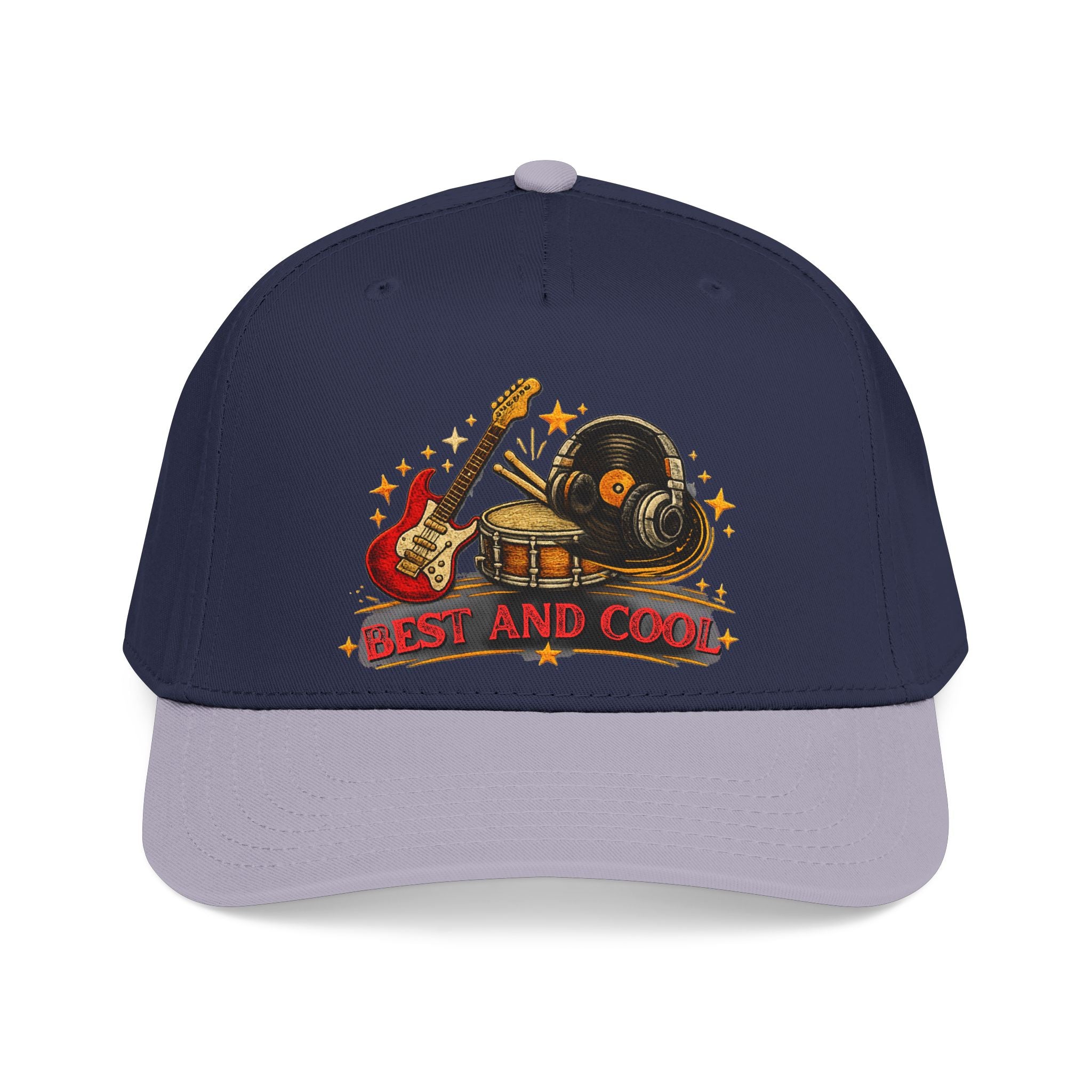 A navy blue and light gray baseball cap featuring a retro graphic on the front with an electric guitar, vinyl record, drum set, stars, and the text 'BEST AND COOL'.
