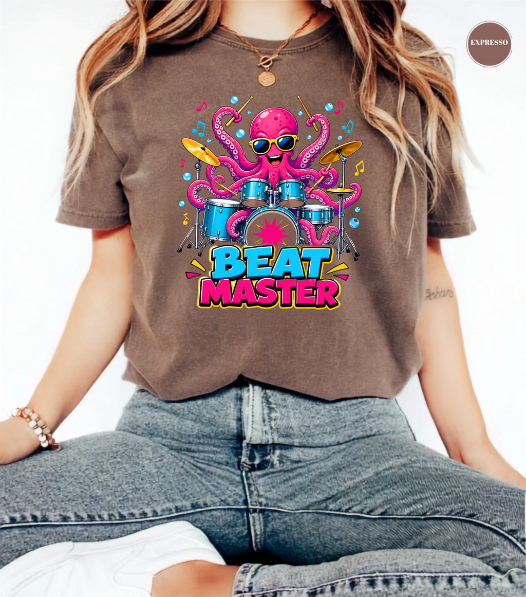 Beat Master Drummer Octopus T-Shirt | Funny Drum Player Tee | Drummer Graphic Shirt | Music Lover Gift | Cute Octopus Drum Set Tee | Unisex Music Apparel