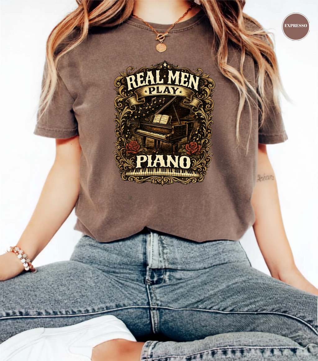 Real Men Play Piano T-Shirt | Funny Pianist Shirt | Vintage Piano Tee | Grand Piano Graphic Shirt | Classical Music Lover Gift | Musician Apparel