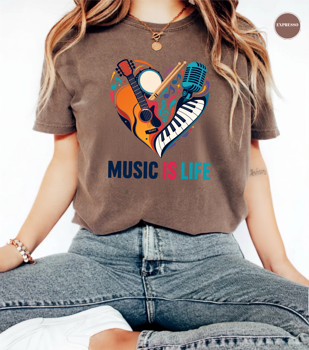 Music Is Life T-Shirt | Colorful Music Lover Graphic Tee with Guitar, Piano & Microphone
