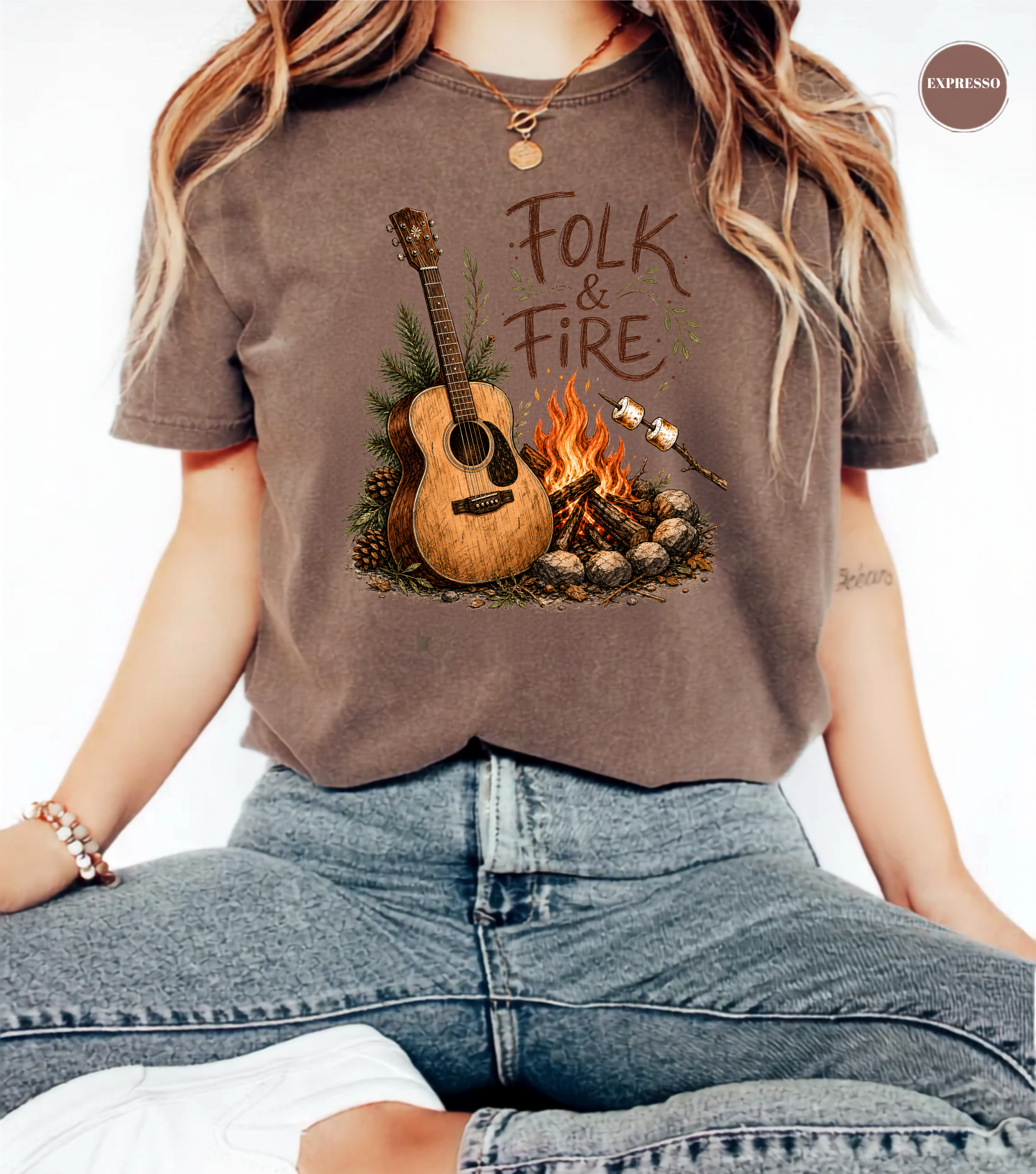 Folk & Fire Guitar T-Shirt | Campfire Acoustic Guitar Graphic Tee for Folk Music Lovers & Campers