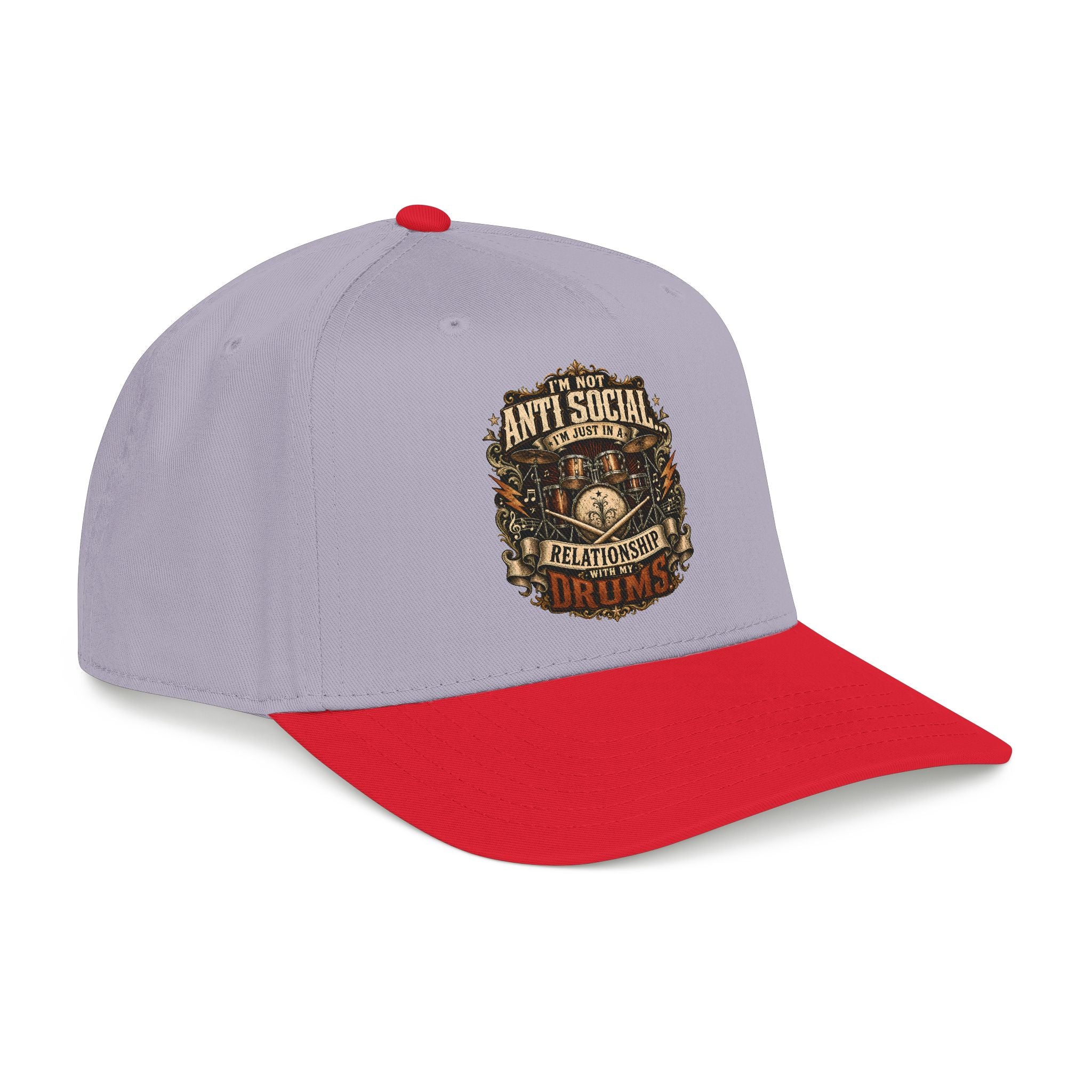 A two-tone baseball cap with a light gray crown and a bright red curved brim, featuring a vintage-style graphic on the front that reads 'ANTI SOCIAL RELATIONSHIP DROPS' with a beer mug illustration.