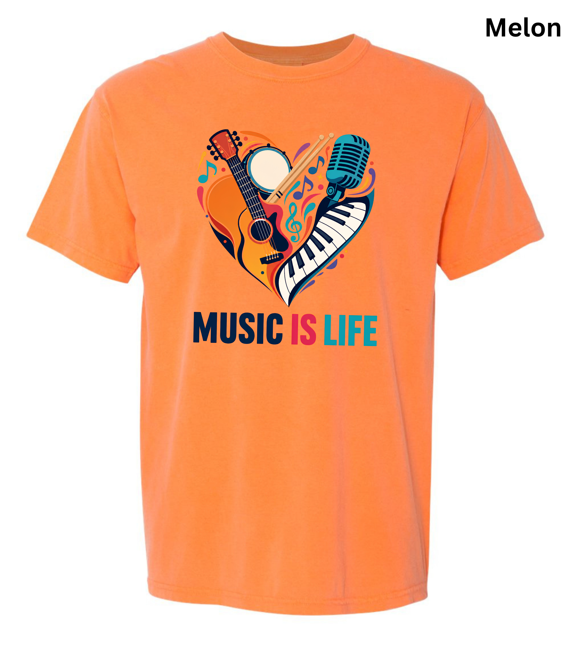 Music Is Life T-Shirt | Colorful Music Lover Graphic Tee with Guitar, Piano & Microphone