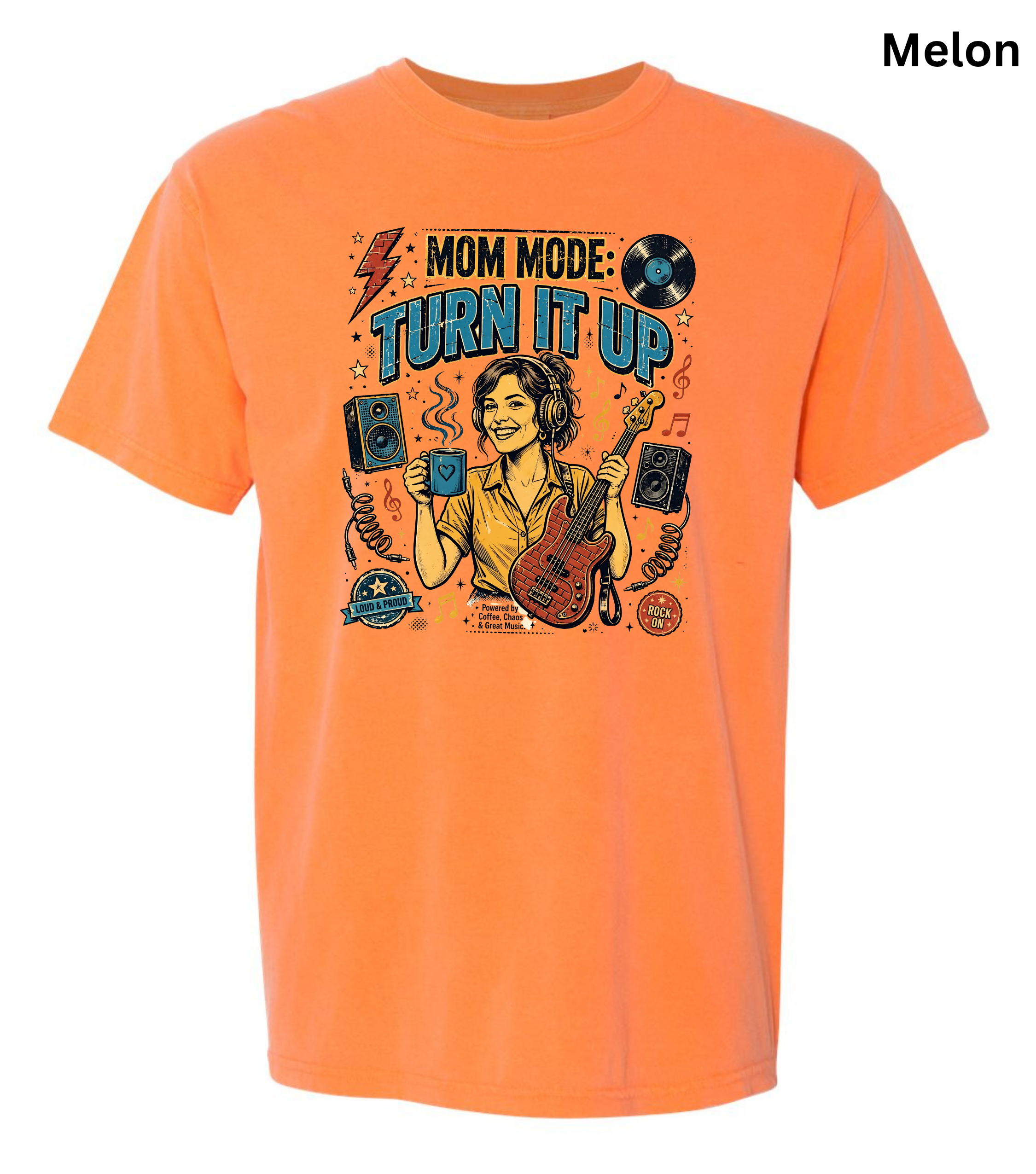 An orange short-sleeve t-shirt with a colorful graphic print on the front featuring the text 'MOM MODE: TURN IT UP' and an illustration of a woman playing a guitar with speakers. The word 'Melon' is printed in the top right corner.