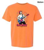 An orange short-sleeve t-shirt with a colorful graphic of a person playing an electric guitar and the text 'SLAP HAPPY' printed on the front, shown against a plain white background.