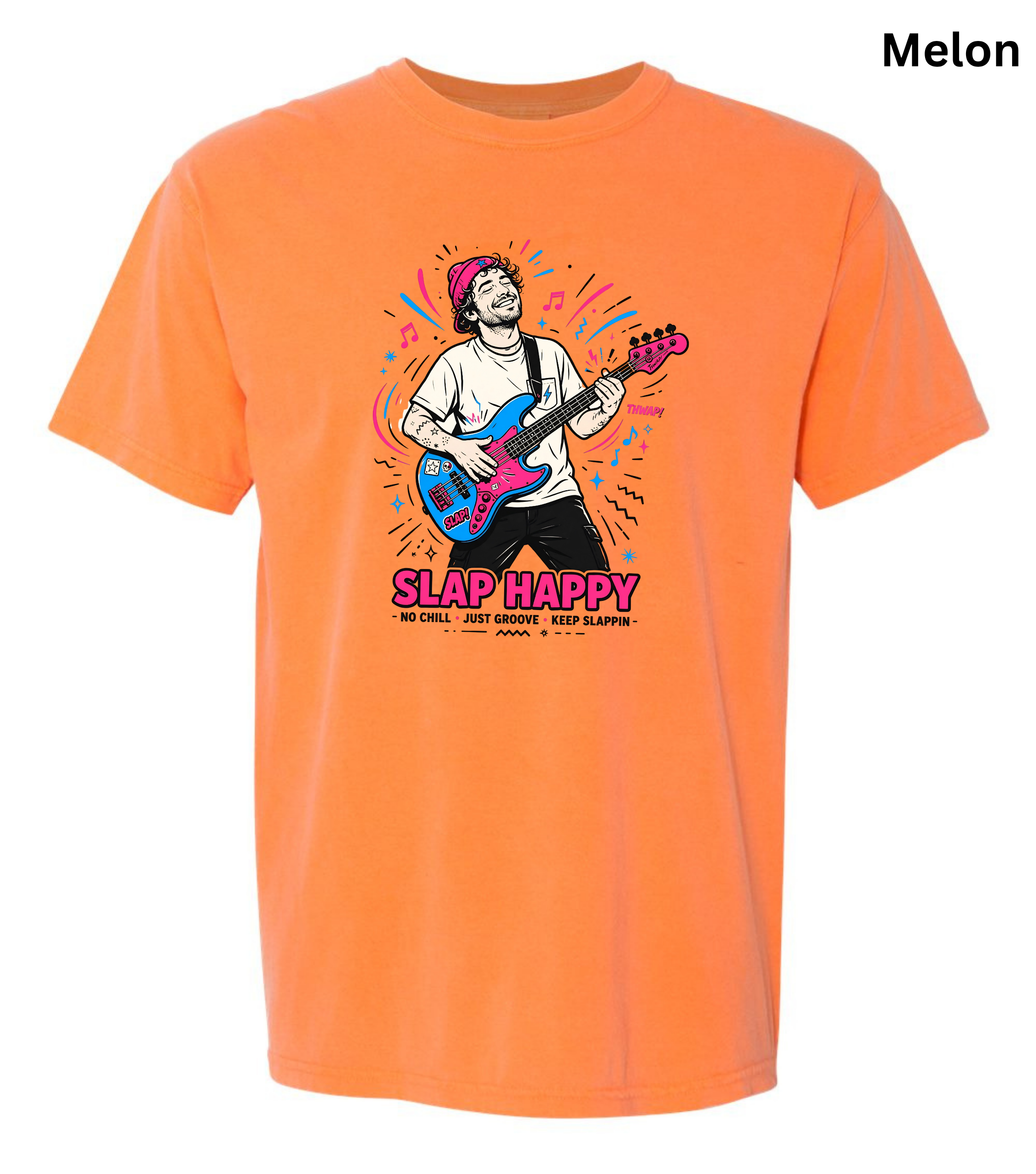 An orange short-sleeve t-shirt with a colorful graphic of a person playing an electric guitar and the text 'SLAP HAPPY' printed on the front, shown against a plain white background.