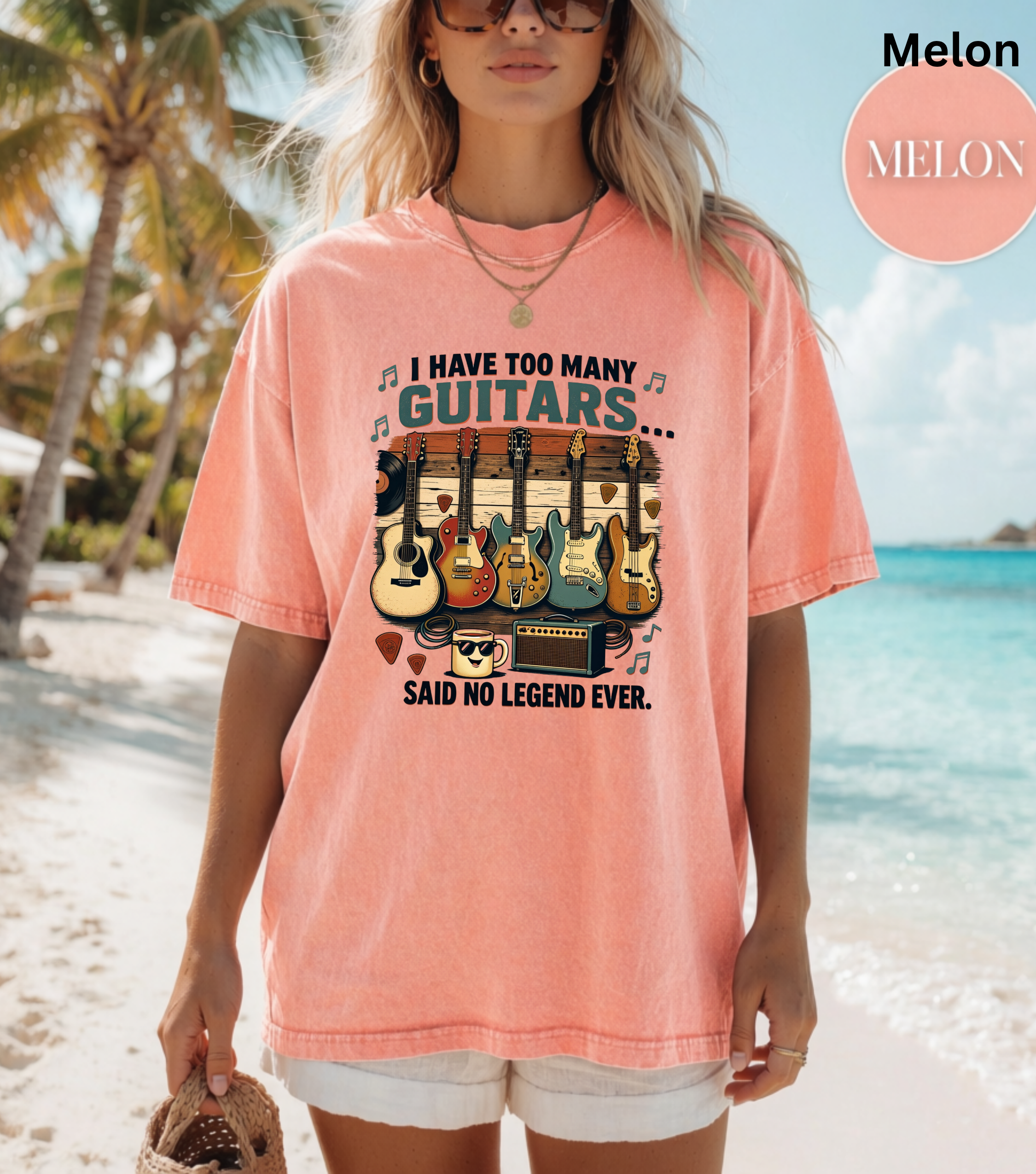 A woman wearing a melon-colored graphic t-shirt with a guitar print, standing on a sunny beach with palm trees and turquoise water in the background. A circular overlay in the top right corner reads 'Melon MELON'.