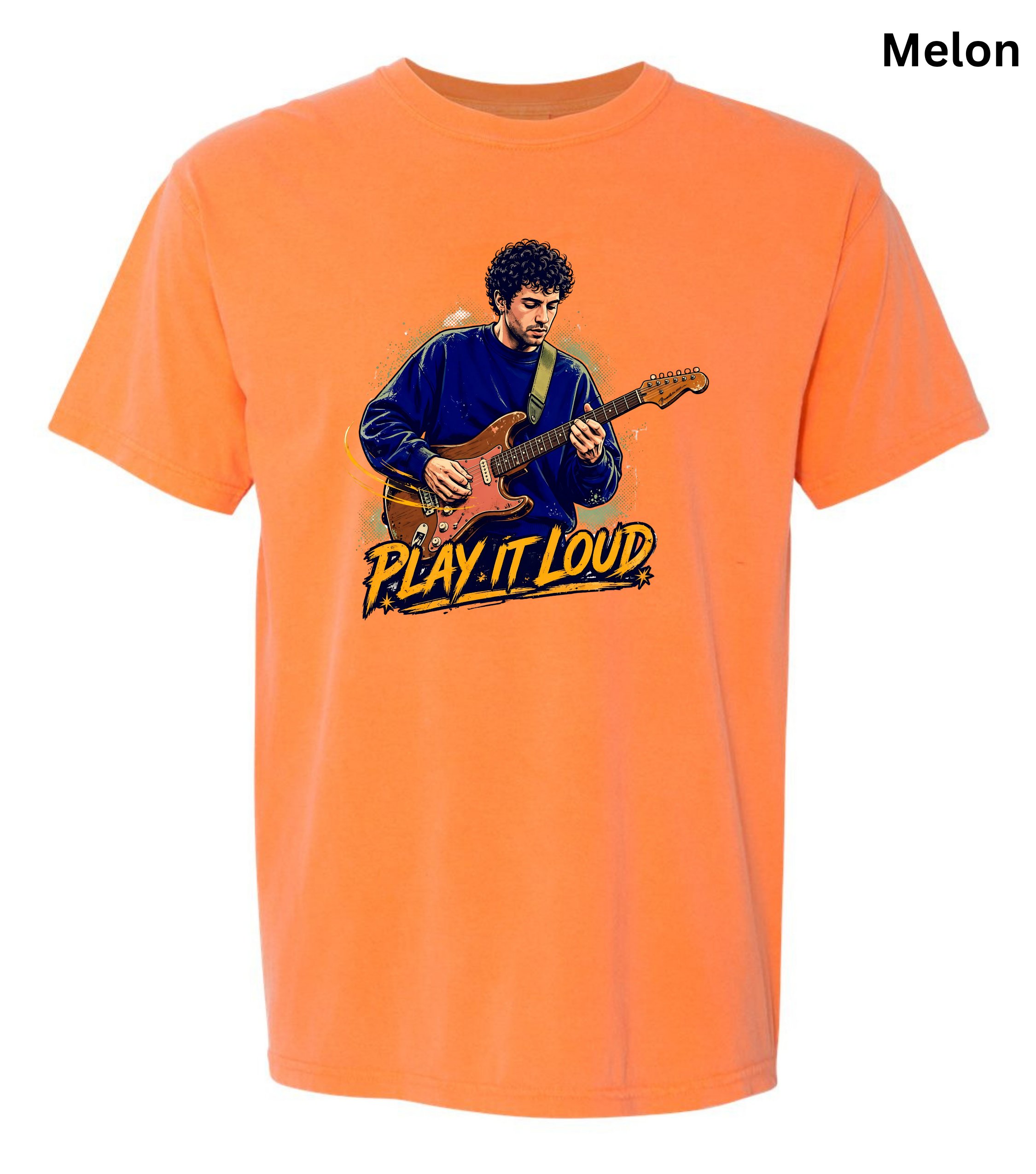 An orange short-sleeve crewneck t-shirt featuring a graphic print of a man playing an electric guitar with the text 'PLAY IT LOUD' underneath, shown against a plain white background.