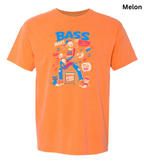 An orange short-sleeve crewneck t-shirt with a colorful graphic on the front featuring a bass guitar, a cat, and the text 'BASS MAKES IT GOOD'. The word 'Melon' is printed in black in the top right corner.