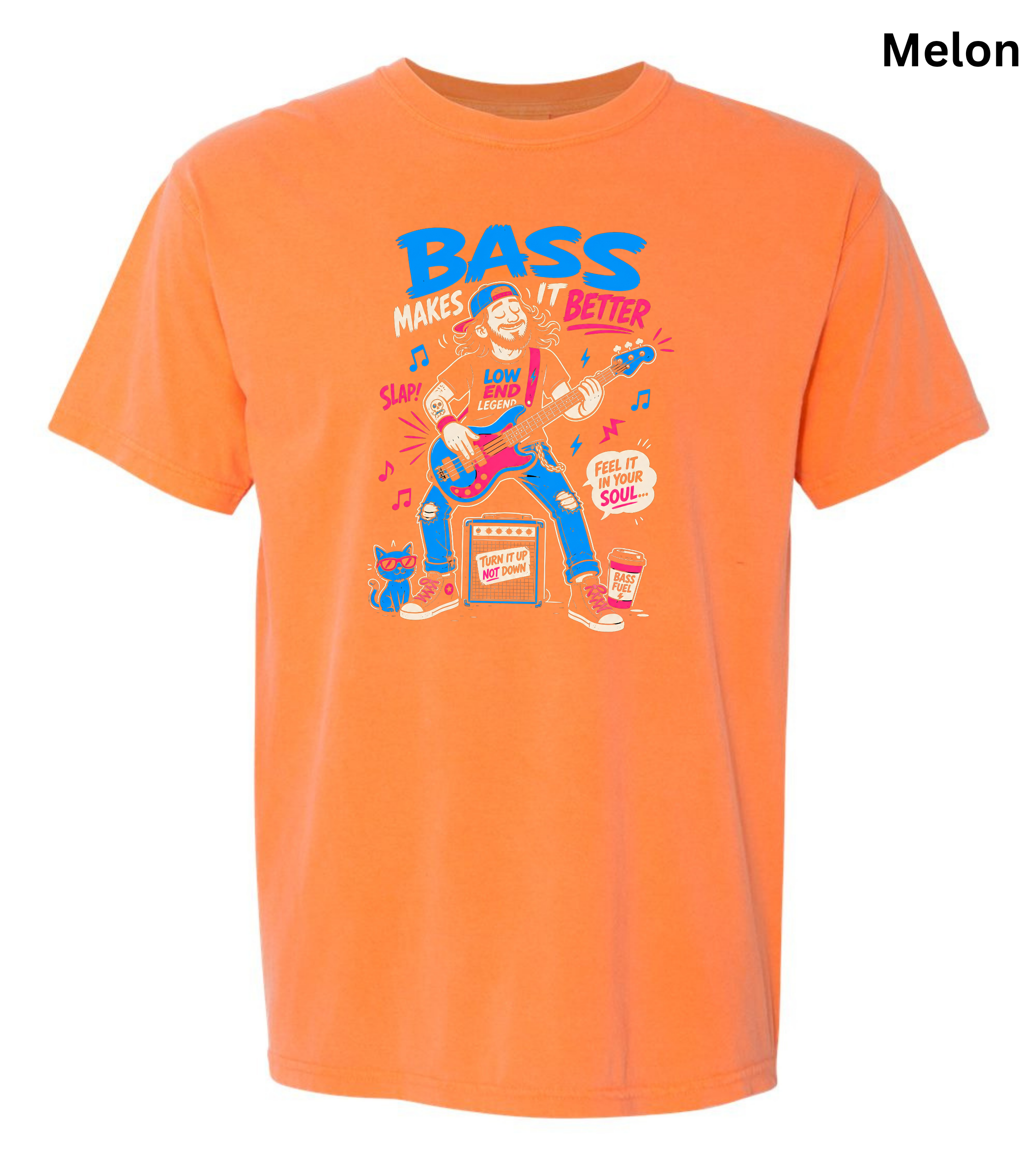 An orange short-sleeve crewneck t-shirt with a colorful graphic on the front featuring a bass guitar, a cat, and the text 'BASS MAKES IT GOOD'. The word 'Melon' is printed in black in the top right corner.