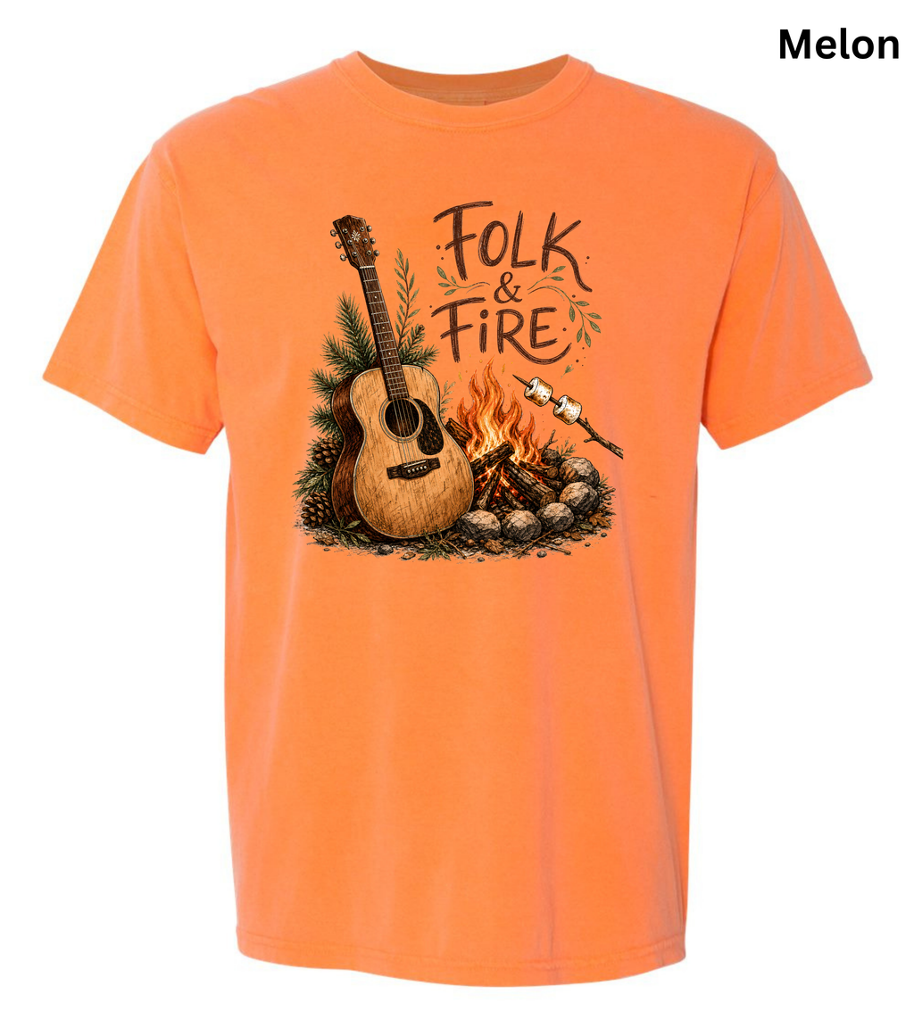 Folk & Fire Guitar T-Shirt | Campfire Acoustic Guitar Graphic Tee for Folk Music Lovers & Campers