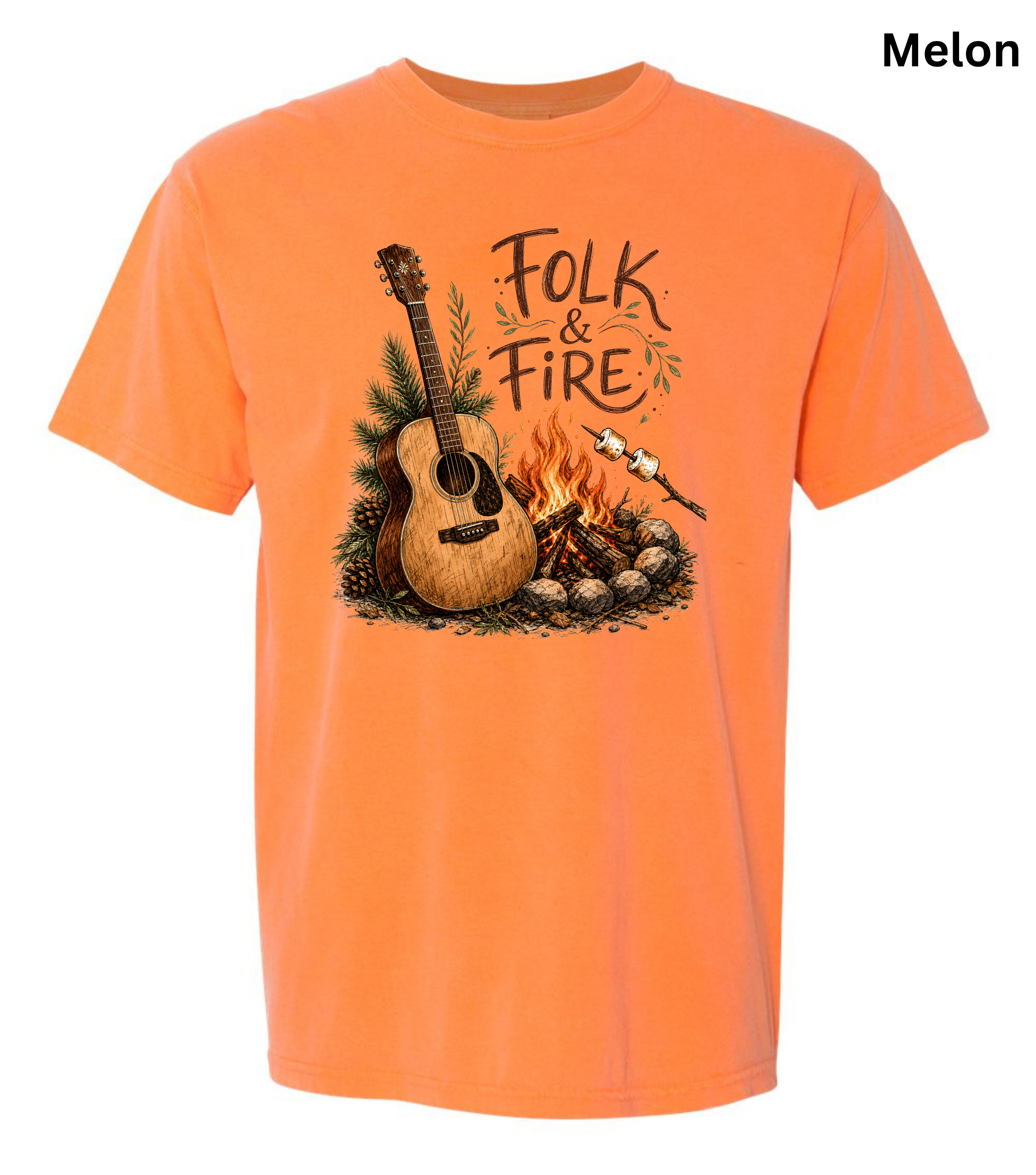 Folk & Fire Guitar T-Shirt | Campfire Acoustic Guitar Graphic Tee for Folk Music Lovers & Campers