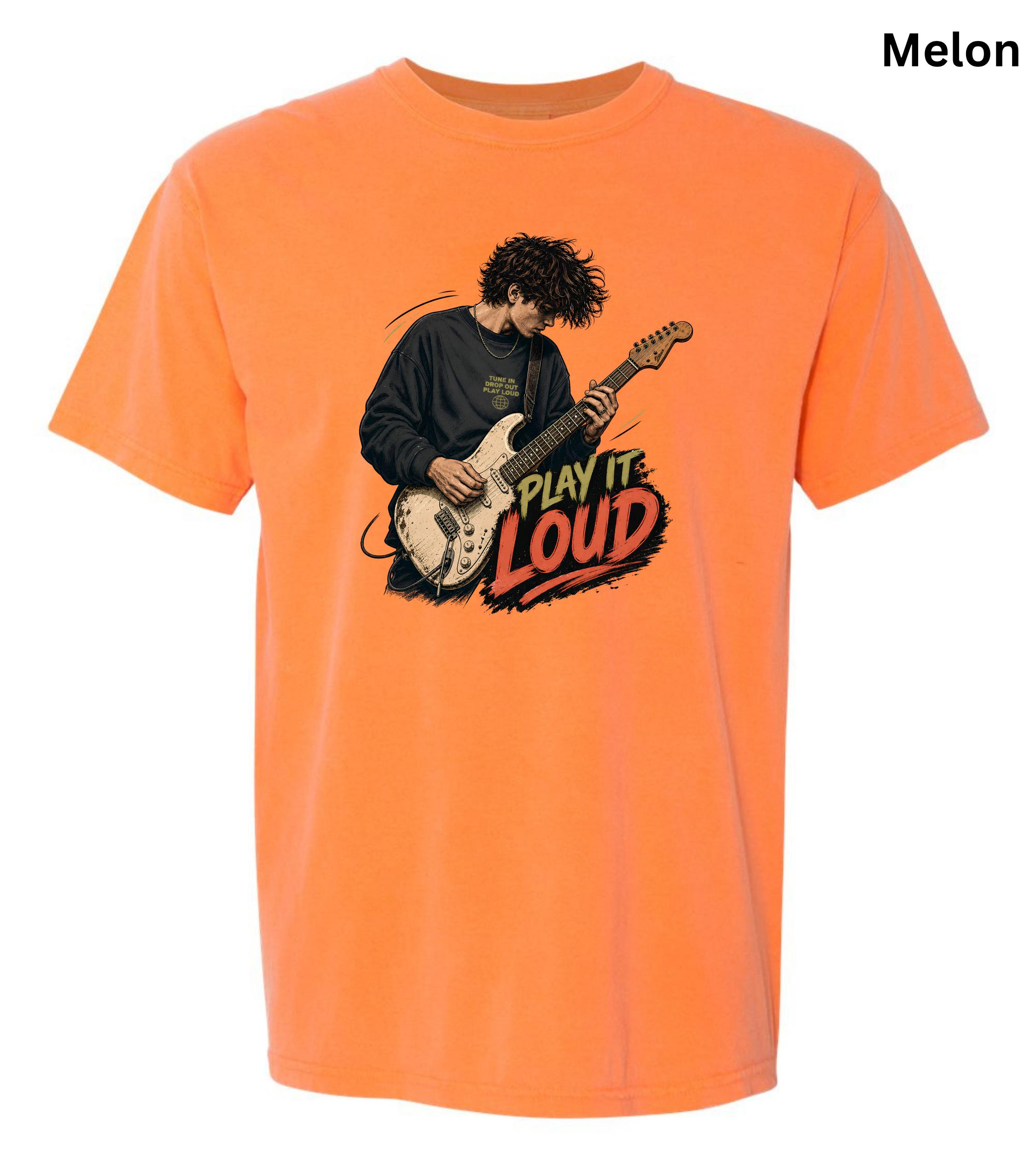 An orange short-sleeve t-shirt with a graphic of a person playing an electric guitar and the text 'PLAY IT LOUD' on the front, shown against a plain white background with the word 'Melon' in the top right corner.