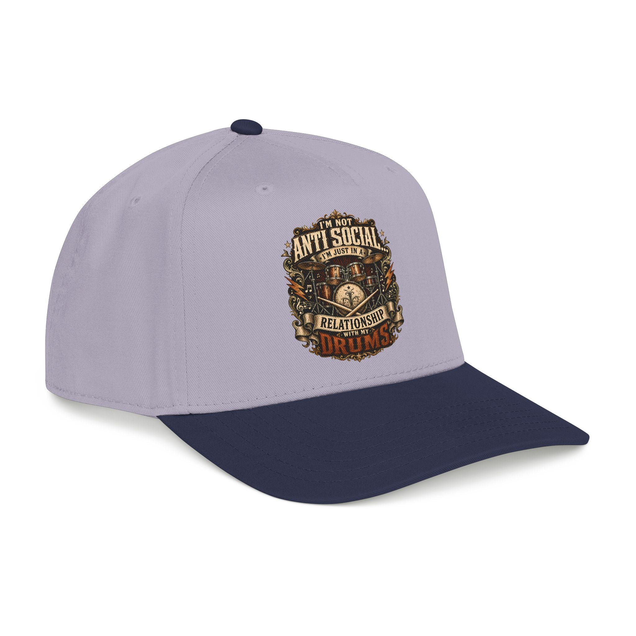 Gray cap with black visor and embroidered logo on a white background