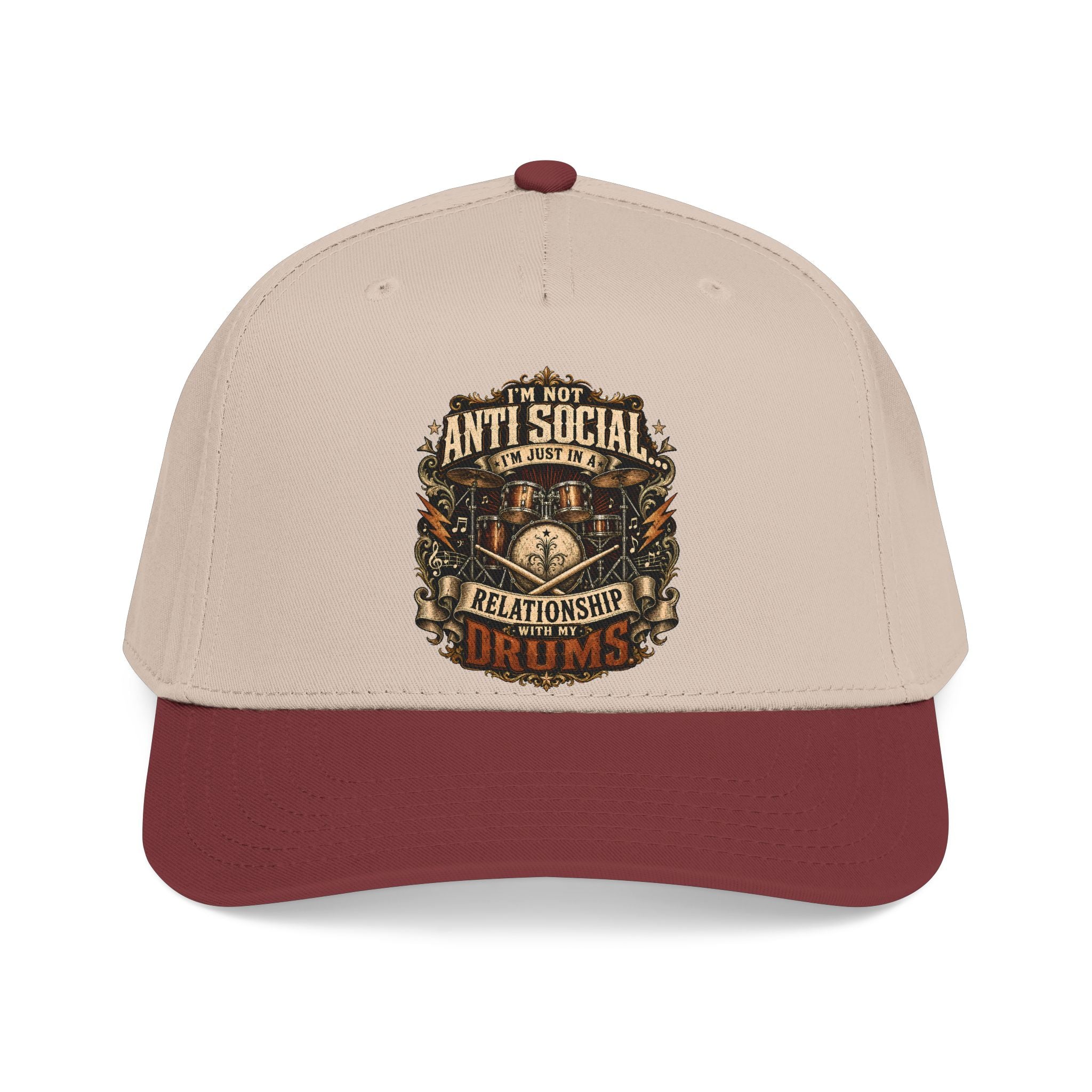 A structured baseball cap with a light beige crown and a dark maroon curved brim, featuring a vintage-style graphic on the front that reads 'I'M NOT ANTI SOCIAL I'M JUST DRY' with a drum and bottles illustration.