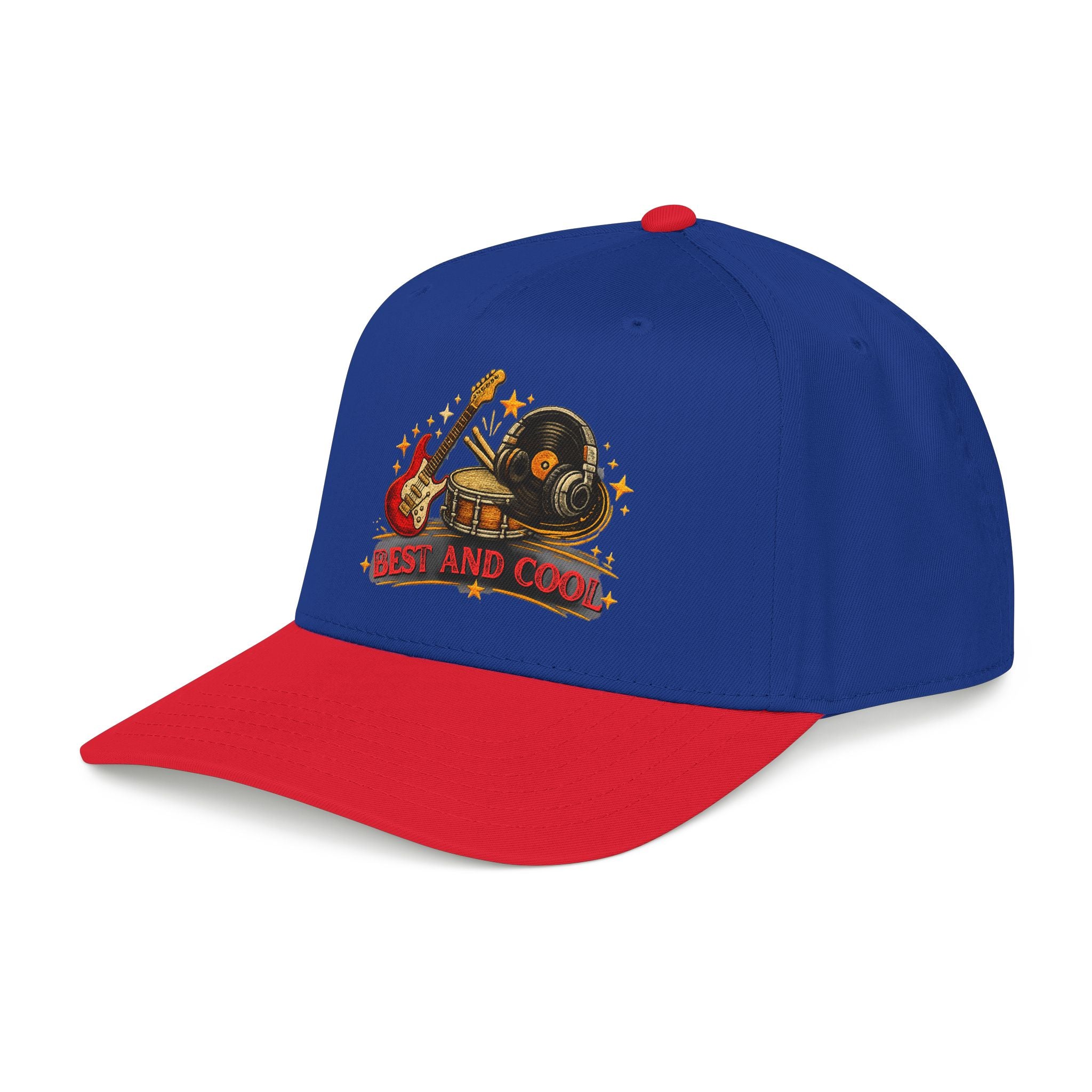 A blue and red baseball cap with a graphic on the front featuring a vinyl record, guitar, and the text 'BEST AND COOL'.