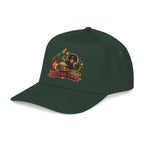 Navy blue cap with circular logo on a white background