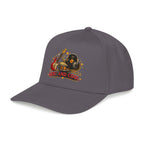 A dark gray baseball cap featuring a graphic on the front with a vinyl record, guitar, and the text 'BEST AND COOL' in red and yellow.