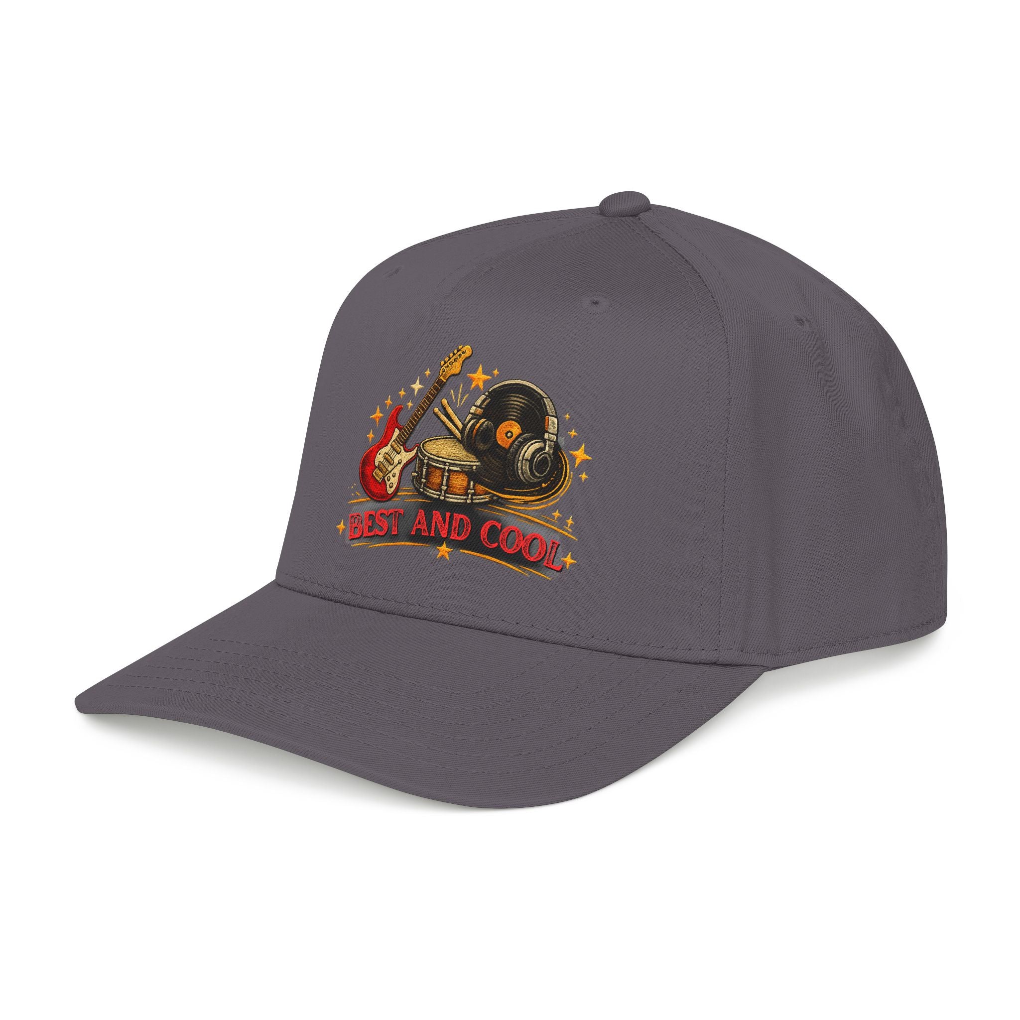A dark gray baseball cap featuring a graphic on the front with a vinyl record, guitar, and the text 'BEST AND COOL' in red and yellow.